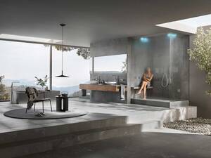Die Kopf- und Deckenbrausen der Grohe «Rainshower F-Series» bieten mit integrierten LEDs, Nebeldüsen, Wasserfall und Regenvorhang ein gelungenes Wellness-Erlebnis. Kombiniert mit den Licht-, Sound- und Dampfmodulen des Duschkonzepts «Grohe F-digital Deluxe» entsteht auf wenigen Quadratmetern ein Erlebnis für alle Sinne. Grohe Switerzerland SA.