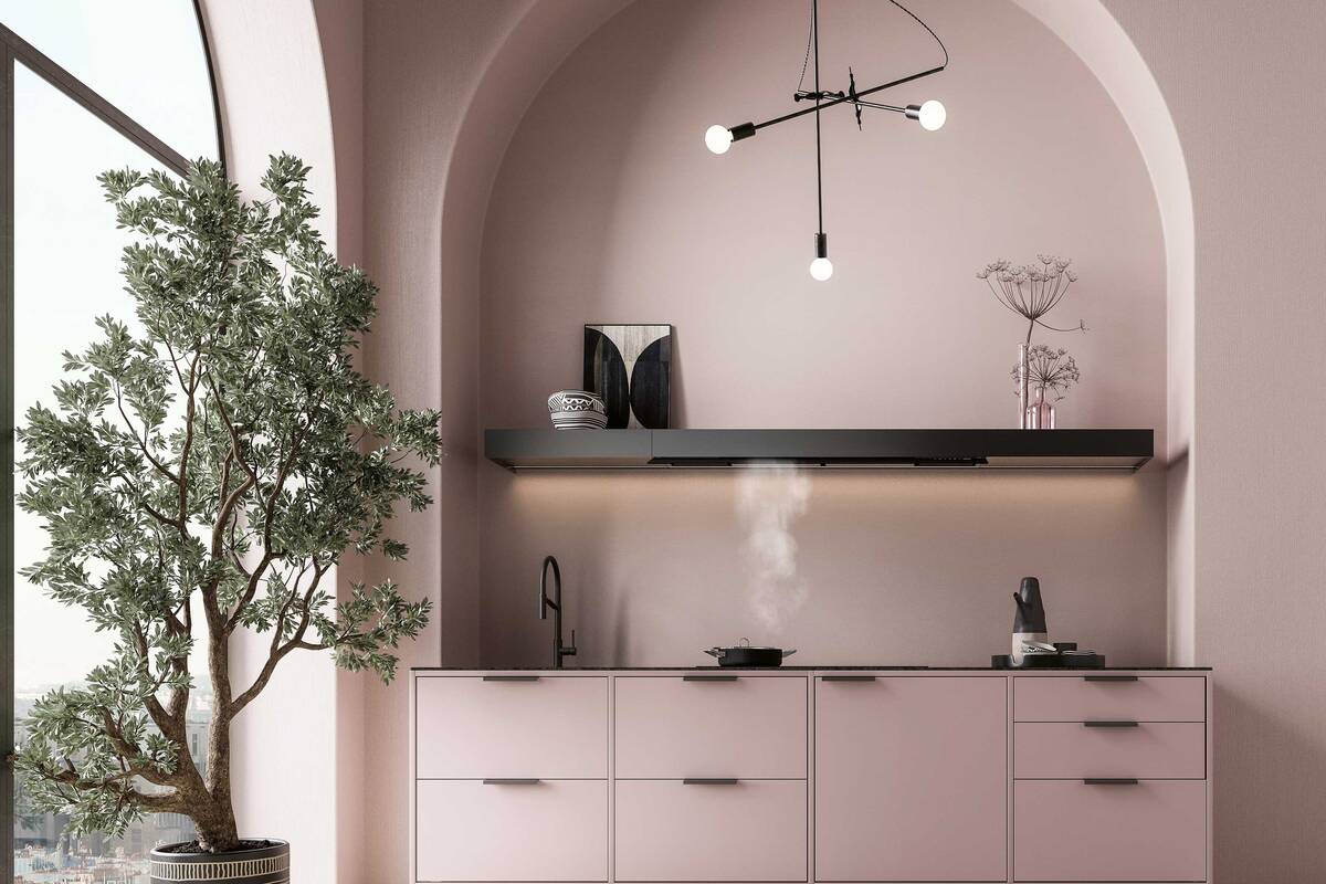 «Shelf» ist ein modulares System. Es bildet entlang der Küchenwand ein durchgehendes Regal, in das die Abzugfunktion und vieles mehr integriert werden kann. «Elements» von Falmec über Fors AG.